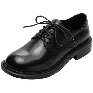 MIOLLIBARN | Lace-up Black Broad Toe Flat Leather Shoes Breathable