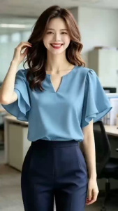 Womens Casual Loose V‑Neck Ruffle Sleeve Blouse Solid Color Elegant Office Top L2618