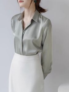 Spring Autumn Fashion Elegant Business Casual Loose Acetate Satin Shirt
