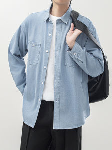 เสื้อเชิ้ตยีนส์แขนยาวผู้ชาย สไตล์วัยรุ่น สีสันสดใส ทรงหลวม ปกโปโล ปกเสื้อเชิ้ต ปกโปโล ปกเสื้อเชิ้ต