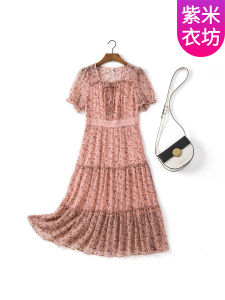 Purple Mi Yifang Small Size Dress Womens Summer Short-Sleeved Floral Square Collar Skirt Waist-Tight Slim Looking Chiffon Dress