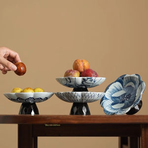 Retro Chinese Ceramic Blue And White Porcelain Fruit Tray High Foot Tea Room Snack Dry Fruits Pastries Fruit Plate Home Use