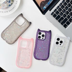 【New】Cat Ears Shape Colorful Star Crystal Glue Transparent Phone Case For iPhone 11 12 13 14 15 16 Series