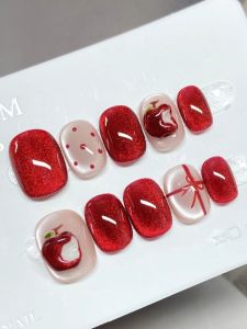 Handmade Wearable Nail Art Red Design Christmas Eve White Enhancing Detachable Beautiful Nail Art for Women Girls