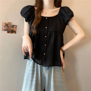 Casual Square Collar Short Sleeve Chiffon Blouse for Women Plus Size Slimming French Style Maisonette Doll Top