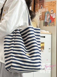Double-Sided Back Canvas Tote Bag Large Capacity Single Shoulder Bag for Women Artistic Stripe Design Retro Style Shopping Bag
