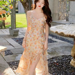 ELF TRIBE Váy In Hoa Cho Nữ Váy Xếp Nếp Không Đối Xứng Đầm Dây Thanh Lịch Dài Vừa Phải Hợp Thời Trang