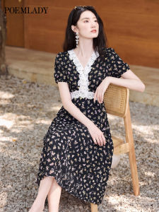 POEMLADY | New Summer Floral Black Dress Lace Splicing V-neck Short Sleeves Midi