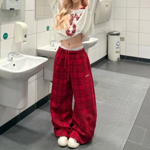 กางเกงขายาวทรงตรงสีแดงสไตล์อเมริกันย้อนยุคสำหรับผู้หญิง กางเกงขายาวทรงหลวมสำหรับเต้นรำในฤดูใบไม้ผลิและฤดูใบไม้ร่วง