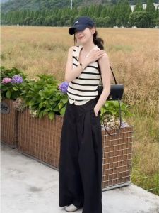 YUEZHONGWEI | Áo Thun Knit Lụa Mát Màu Đối Chiếu Sọc