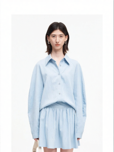 Wool Blend Blue Summer New Arrival Drop Shoulder Loose Fitting Slimming Long Sleeve Shirt