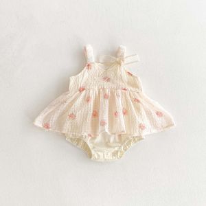 Korean-style summer baby girl sweet and cute floral chiffon sling dress baby girl Korean-style sling bow dress very suitable f