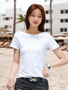 Pure Color Womens T-Shirt Short Sleeve One-Shoulder Slim Fit Large Size Overhead Summer Fashion New Arrival Casual Cotton Blend