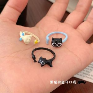 Cute Cartoon Black Cat And Dog Open Ring Womens High-End Sensation Small Design Couple Rings Fashionable Jewelry Accessories