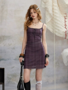 Unifree | Purple Check Mesh Halter Dress with Bow Waist and Lace Edge for Summer