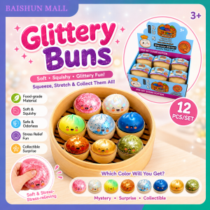 12Pcs Rainbow Glitter Bun Squishy Blind Box with Steamer Stress Relief Fidget Toy