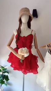 bs4442  มินิเดรสสายเดี่ยวอกกุหลาบ กระโปรงระบาย 2 ขั้น ทรงเฉียง ซับในทั้งตัว