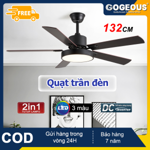 GOGEOUS Quạt trần lõi đồng DC cánh gỗ với 6 tốc độ gió kèm đèn LED 3 chế độ màu có điều khiển từ xa