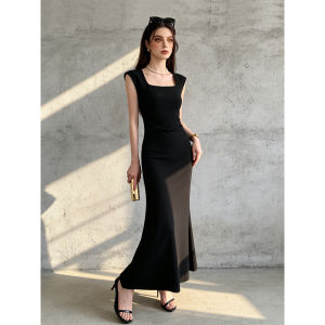 PIAOYA | Sleeveless Square Neck Wrinkle A-Line Waist Cinched Black Dress