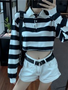 Retro Hong Kong Style Striped Long Sleeve High Waist Short Polo Shirt Jazz Dancing Clothing Fashionable Womens T-shirt