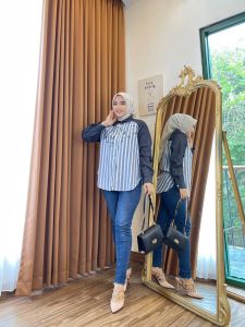kemeja lemosty kinan bahan Katun Premium Kombinasi Jeans Busui Friendly Tangan Panjang Motif Salur Atasan