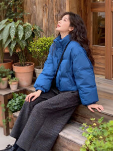 XUECAIQI | Klein Blue Short Padded Coat and Plaid Trousers Set