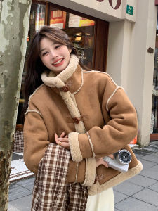 เสื้อโค้ทขนแกะทรงสั้นผู้หญิงฤดูหนาวปี 2025 สไตล์เกาหลี ปกขนสัตว์ ผ้ากำมะหยี่ ทรงหลวม ซิป