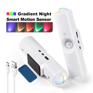 LED Motion Sensor Night Light RGB Charging LED Wall Light USB Rechargeable Cabinet Wardrobe Lamp Home Decoration Bedroom Bedside