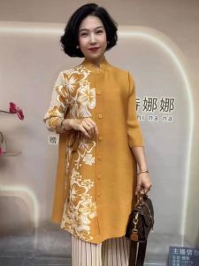 Elegant Print Elastic Pleated Spring Fashion Dress Single Button Loose Waist Seven Sleeve Commuter Style Korean round Neck