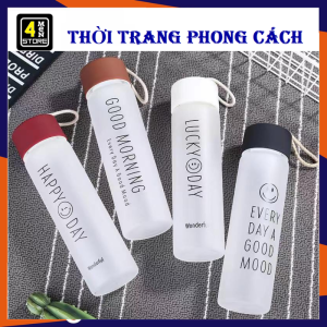 Bình Đựng Nước Lõi Thủy Tinh Cây Có Dây Cầm In Chữ Happy Day Cao Cấp - Chai Nước Thể Thao 350ML - Bình Nước Cho Bé Đi Học