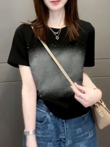 plus Size Shoulder Length Glitter Short Sleeve T-Shirt Womens Fashion Design Purple Top Korean Style Slim Fit round Neck