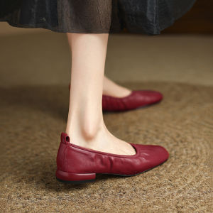 Ziyi Goatskin Flat Heel Ballet Slippers for Women Retro Style One-Word Buckle Soft Sole TPR Material Spring Autumn Season