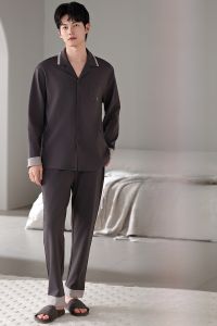 Miiow | Mens Sleepwear Set Soft Comfortable Breathable Long Sleeve Casual Loose Fit Home Clothes Cotton Material Spring Summer