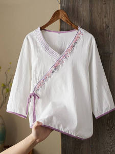 Retro Embroidered Flax Shirt Womens Loose Fit Summer New Style Thin Belted Sleeveless Top Breathable Comfortable Casual Wear