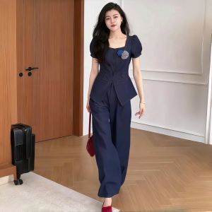 plus Size Womens Denim Fashion Set Summer Slim Fit Shirt Square Collar 3D Flower Pattern High Waist Straight Leg Pants