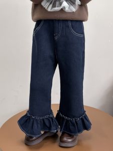 กางเกงยีนส์ทรงหลวมเอวสูงสำหรับเด็กผู้หญิง ฤดูหนาวปี 2024 กางเกงขายาวทรงหลวมแบบหนา ขอบลูกไม้ อบอุ่น สบายๆ สำหรับเด็กผู้หญิง
