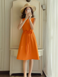 Summer 2025 French Elegant Orange Sleeveless Vest Dress Womens Unique Design Fashionable Commute Slim Fit Polyester Blend