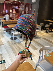 Handmade Bohemian Style Women's Knitted Hat Winter Ear Protection Rainbow Mixed Color Small Braids Ethnic Style Knit Cap