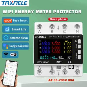 3 Phase TUYA WiFi Smart Energy Power kWh Meter Over Under Voltage Protector Relay Switch 80A Timer 110V 220V