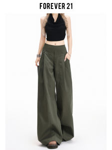 Forever 21 American Military Green Loose Wide Leg Casual Pants Womens Retro High Waist Pear Shape Drape Straight Long Trousers