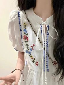 White Embroider Puff Short Sleeve Dress Female 2024 Summer Ethnic Vacation Style Stylish Elegant Princess Long Dress