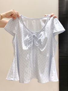 LUOSHAO | Sweet V-Neck Bow-Tie Dotted White Short Sleeve Blouse Loose