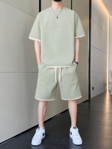 ROMON | Romon Mens Casual Sports Set Summer Thin Ice Silk Loose Short Sleeve T-Shirt Two-Piece Suit Polyester Fiber Youth Fashion