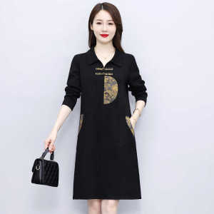 New Chinese Style Polo Collar Straight Cut Dress Womens plus Size Slimming Base Layer Skirt with Button Detail Midi Dress