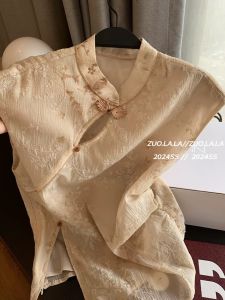 Retro Chinese Style Floral Embroidery Shirt Womens Slim Fit Sleeveless Top Button Detail Patchwork Stitched Pure Color