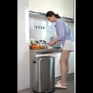HEJI Commercial 304 Stainless Trash Can With Cover Pedal Large Capacity 50L Kitchen Trash Tin
