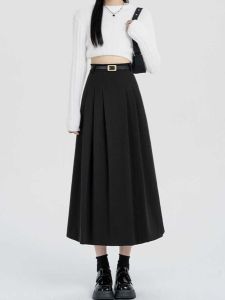 กระโปรงสีดำทรงเอเอวสูง กระโปรงทรงร่ม กระโปรงสั้น กระโปรงยาวคลุมเข่า ผ้าขนสัตว์ แฟชั่นฤดูใบไม้ร่วง ฤดูหนาว กระโปรงยาวคลุมเข่า