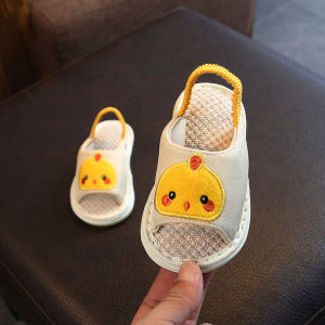 รองเท้าแตะเด็กผ้าลินินฤดูใบไม้ผลิและฤดูใบไม้ร่วงสำหรับเด็กอายุ 1 ปี รองเท้าแตะเด็กชายและเด็กหญิงลายการ์ตูนพื้นนุ่มสำหรับเด็กอนุบาล