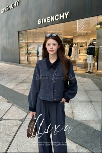 Fashionable Denim Set Womens Autumn New Design Splicing Long Sleeve Short Jacket Straight Leg Pants Casual Two-Piece Set
