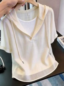 NUMEN BUTTON | Plus Size Color Block Hooded Short Sleeve T-shirt
